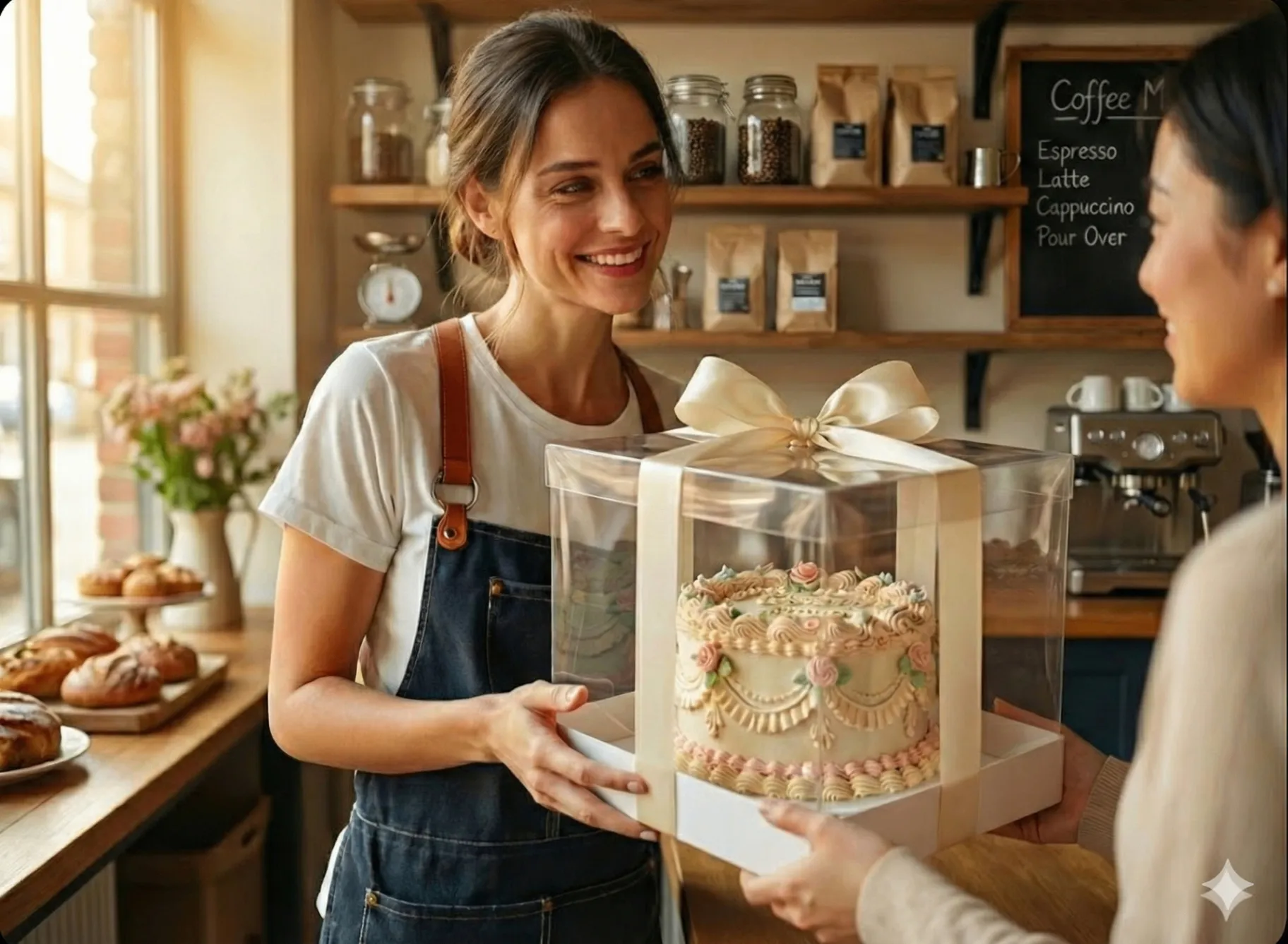 Smiling baker in a denim apron handing a clear cake box with an ornate piped celebration cake topped with a satin bow to a customer in a cozy bakery cafe with wooden shelves, coffee menu chalkboard, and warm golden-hour light