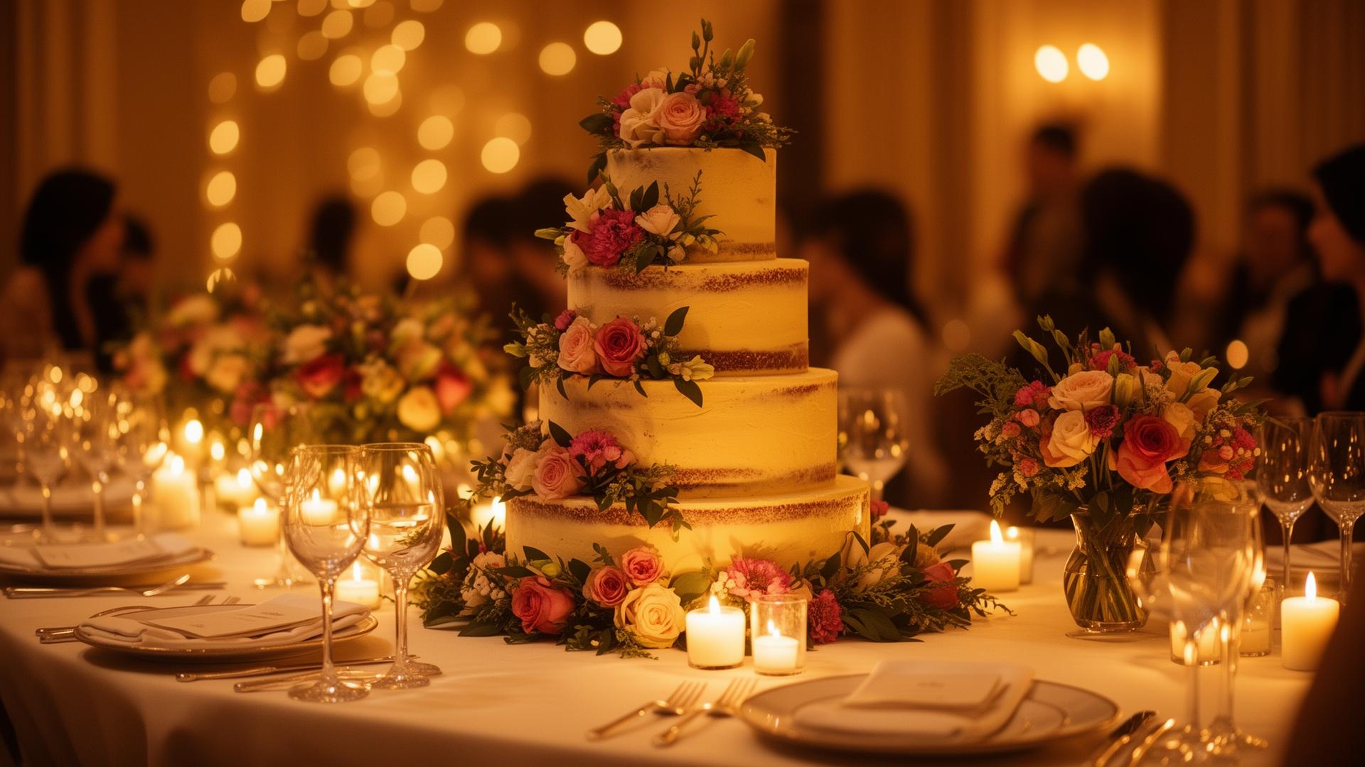 A warm celebration table with a beautifully decorated cake, candlelight, and flowers